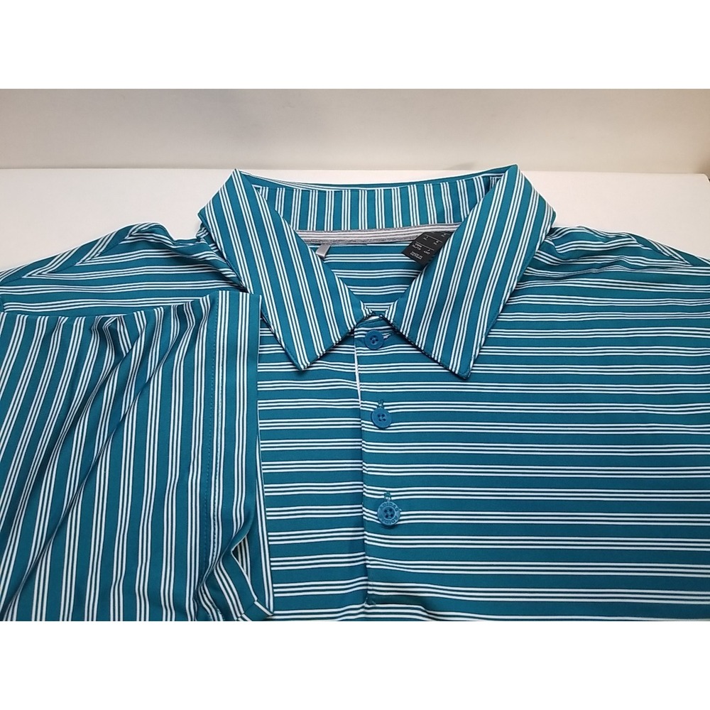 Adidas Golf Mens XL Teal Blue White Striped Short‎ Sleeve Golf Polo Shirt